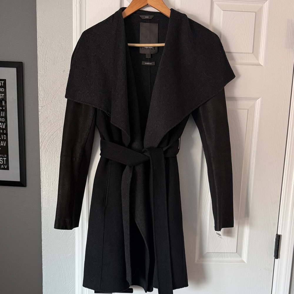 Black Belted wool and leather Coat